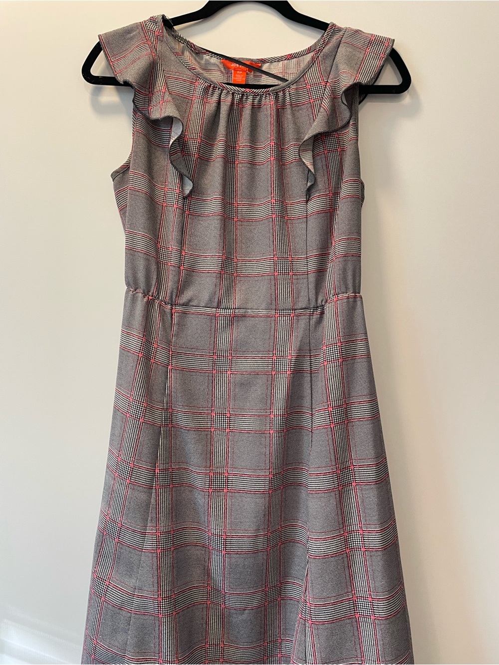 Joe Fresh Gray Plaid Sleeveless Ruffle Neck Dress with Pink Windowpane